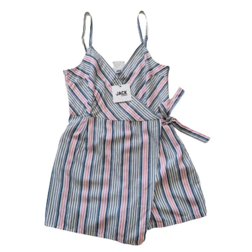 Jack by BB Dakota Romper Blue Red Ivory Striped Faux Wrap Skirted Romper Size XS